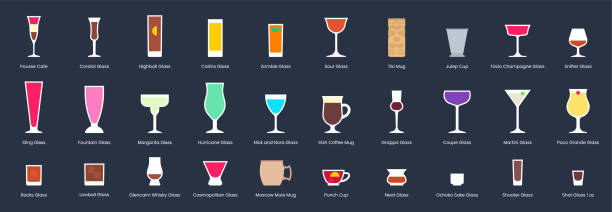 ilustraciones, imágenes clip art, dibujos animados e iconos de stock de juego de copas de cóctel, ilustración vectorial de estilo plano - hurricane cocktail