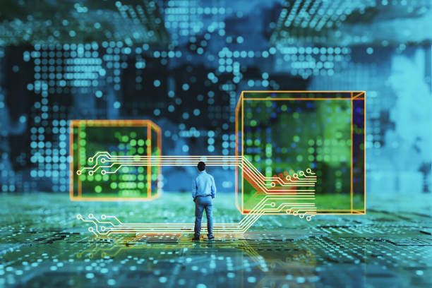 istock Abstract image of businessman walking in VR environment 1486125194