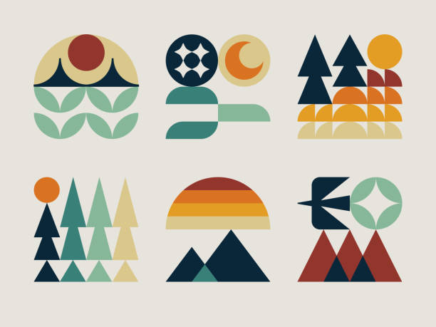 bildbanksillustrationer, clip art samt tecknat material och ikoner med retro geometric landscape icons - vildmark