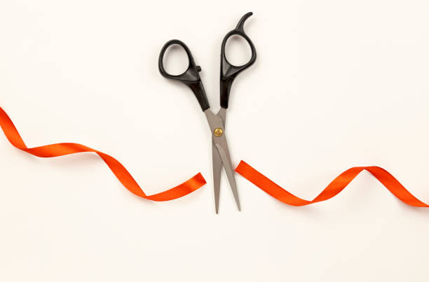 istock Cut the red satin ribbon on the white background with scissors. View from above. 1486131777