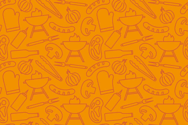бесшовный рисунок барбекю с кетчупом, луком, грибами, пивной бутылкой, стейком, щипцами для гриля, колбасой, иконками гриля - backgrounds beef close up cooked stock illustrations
