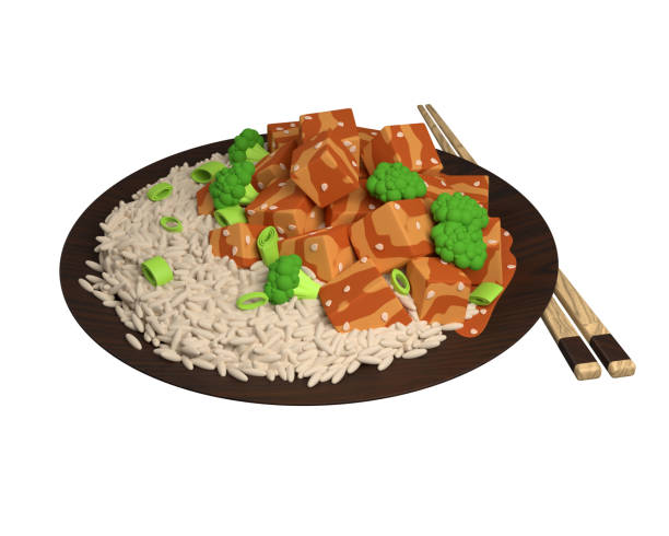 tofu-teriyaki mit reis vegetarisches essen. 3d-rendering - tofu chinese cuisine vegetarian food broccoli stock-fotos und bilder