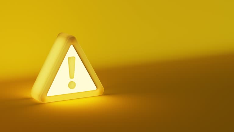 Bright yellow warning icon on dark scenery, 3d animation video, 3d illustration.