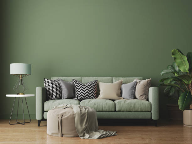 istock Green modern living room with sofa plant and stool.3d rendering 1486134660