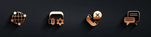 istock Set Global technology, Headphoneswith settings, Declined or missed call and Speech bubble chat icon with long shadow. Vector 1486136632