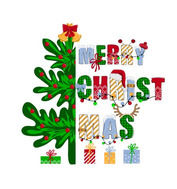 istock Merry christmas. Hand drawn doodle text with Santa hat, antler, garlands and new year tree. 1486141356