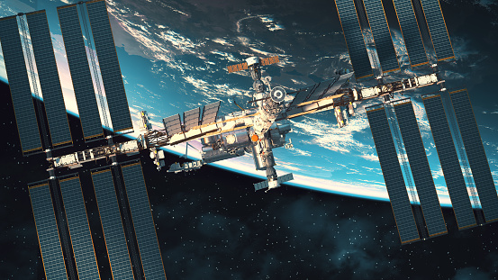 Flight of international space station on background of Earth. 3d illustration.