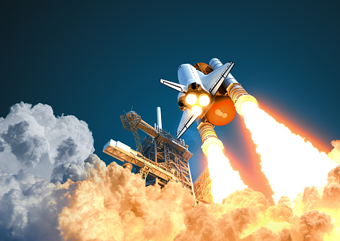 Space shuttle takes off on background of blue sky. 3d illustration.