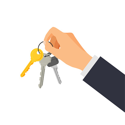 Hand holding bunch of keys. Buying a house, investment. Real estate agent give key to buyer. Vector illustration in trendy flat style isolated on white background.