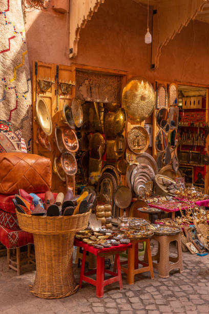 Marrakech Bazaar Stalls with Moroccan Souvenirs and antiques at Medina Souk market stock photo