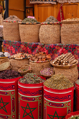 Marrakech Spice Souk Bags with spices and variety of spices and ingredients in Moroccan Medina Bazaar