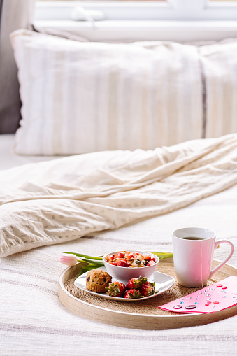 Healthy breakfast in bed for Mother's Day.