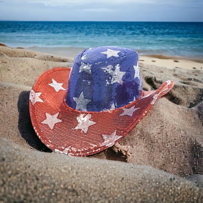 Patriotic cowboy hat at beach
