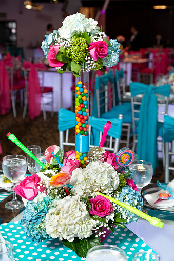 Social Event; Decoration Of Party Centerpiece Made With Beautiful Flowers And Candies.