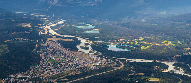 Aerial landscape of Jasper town with Athabasca river and Beauvert Lake, Jasper national park, Canada.
