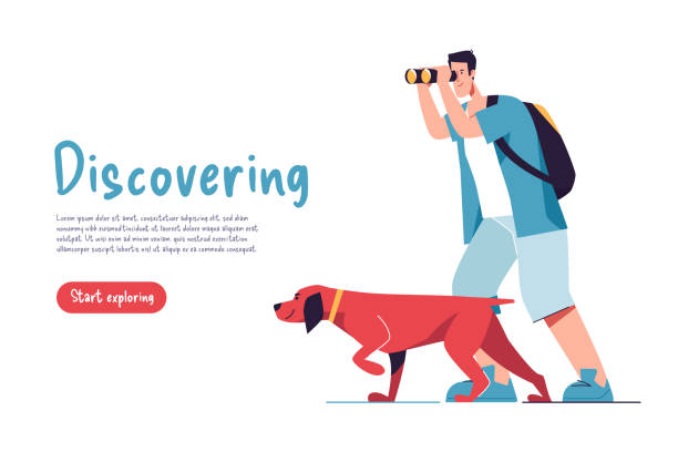 Tourist traveler with binocular and his dog looking into the distance. Vector illusration Tourist traveler with binocular and his dog looking into the distance. Vector illusration. dog pointing stock illustrations