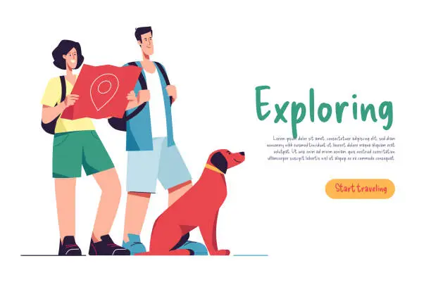 Vector illustration of Couple of tourists travelers with the map and their dog exploring the route. Vector illustration