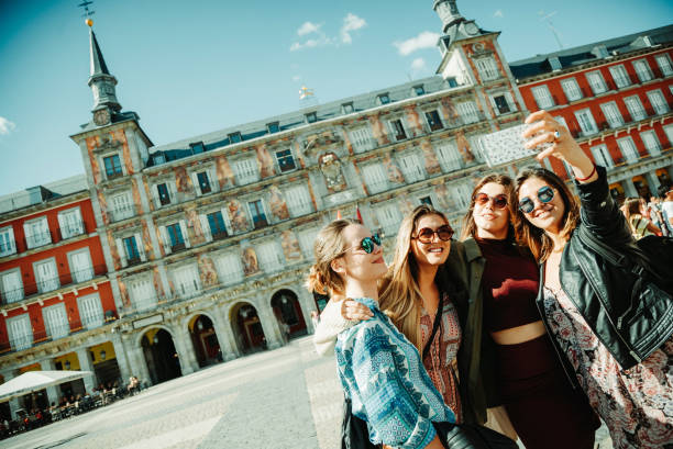 Tourist women in Madrid, Spain Tourist women in Plaza Mayor, Madrid, Spain selfie madrid photos stock pictures, royalty-free photos & images