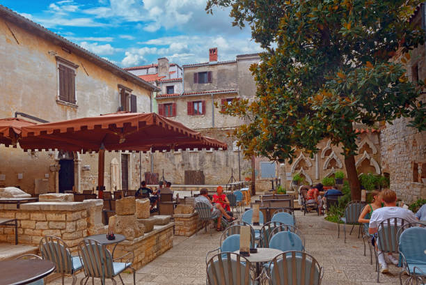 Medieval Croatian old street,with street cafe in Croatia stock photo