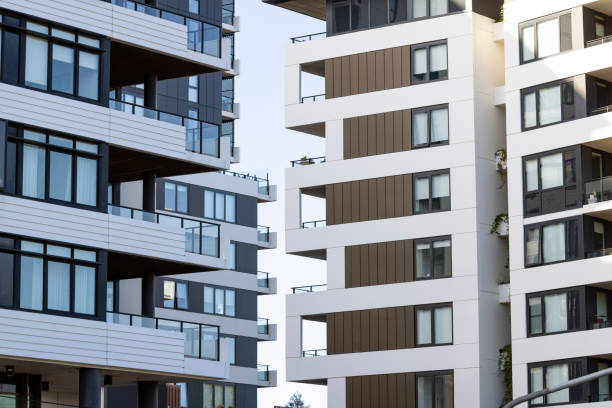 istock Closeup new, modern apartment buildings, background with copy space 1486160447