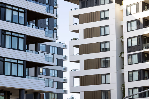 Closeup new, modern apartment buildings,Cronulla Australia, background with copy space, full frame horizontal composition