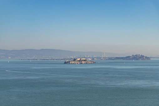 San Francisco skyline panorama from Bay on a cloudy day.