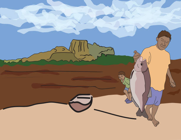 Print indigenous fisherman vector art illustration