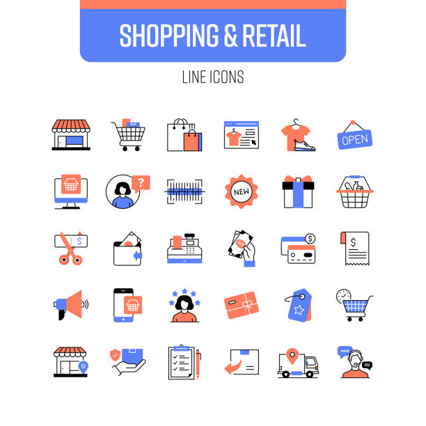 쇼핑 및 소매 라인 아이콘 세트입니다. 상점, 상점, 바코드, 구매, 지불. - symbol retail computer icon shopping bag stock illustrations