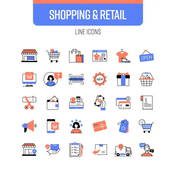 Vector illustration of Shopping and Retail Line Icon Set. Store, Shop, Barcode, Purchase, Payment.