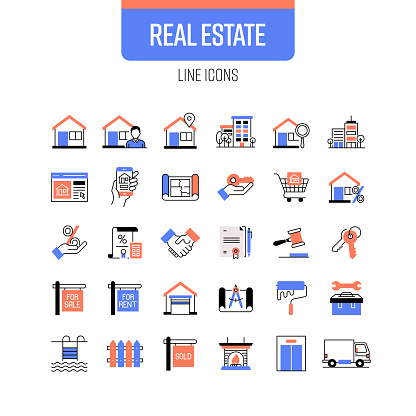 Real Estate Line Icon Set. House, Office, For Sale, Mortgage, Interest Rate, Auction.