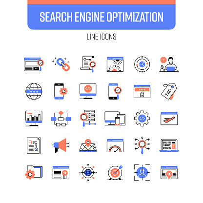 Search Engine Optimization Line Icon Set. Webpage, Traffic, Rating, Searching, Tagline, Keywords.