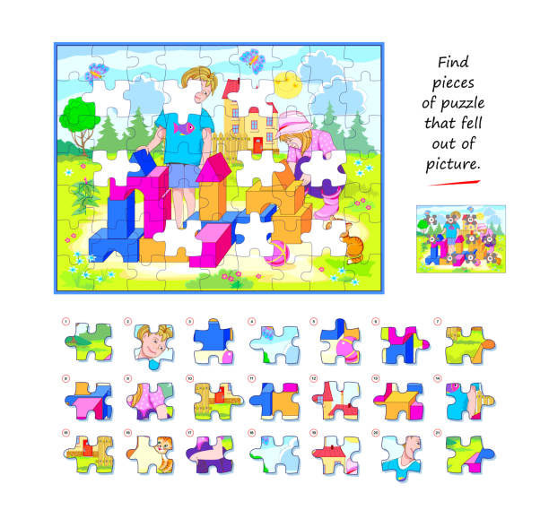Logic game for children and adults. Find pieces of puzzle that fell out of picture. Page for kids brain teaser book. Task for attentiveness. Developing spatial thinking. Play online. Vector image. Logic game for children and adults. Find pieces of puzzle that fell out of picture. Page for kids brain teaser book. Task for attentiveness. Developing spatial thinking. Play online. Vector image. leasure games stock illustrations