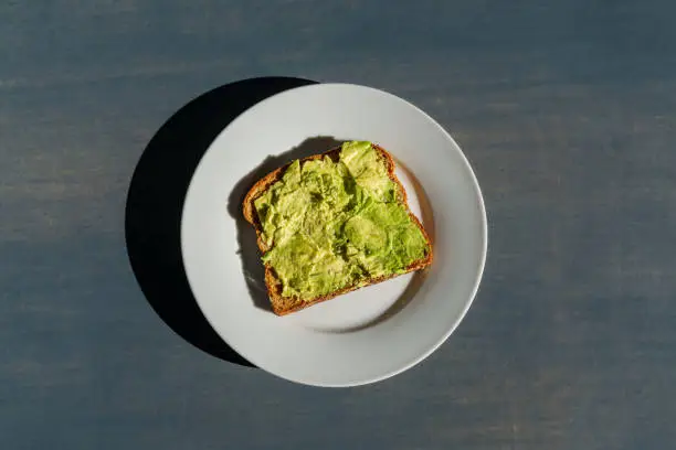Avocado toast with wheat bread on a white plate sitting on a concrete countertop in bright sunlight with hard shadows. Room for copy space.
