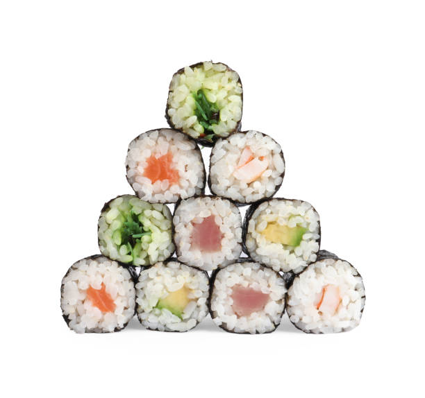 istock Delicious fresh sushi rolls on white background 1486172217