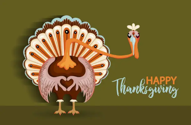 Vector illustration of Thanksgiving day horizontal banner with turkey. funny turkey bird character.Happy Thanksgiving