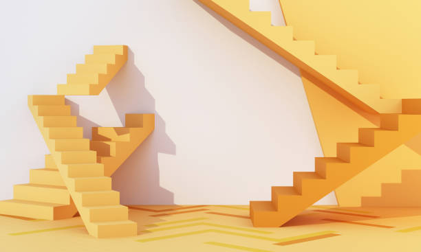 istock 3d rendering realistic primitives composition. geometric shapes in motion on background. Abstract theme for trendy designs. Spheres, torus, tubes and stair, yellow tone. 1486186989