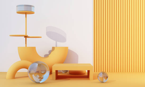 istock 3d rendering realistic primitives composition. geometric shapes in motion on background. Abstract theme for trendy designs. Spheres, torus, tubes, yellow red and gray tone. 1486187081