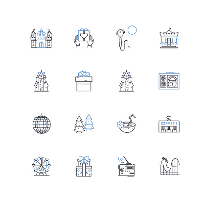 Conviviality outline icons collection. Amiable, Festive, Hospitality, Companionship, Jovial, Socialization, Rejoicing vector and illustration concept set. Camaraderie,Mirthful linear signs and symbols