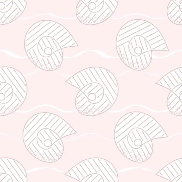 Vector illustration of Seashells vector seamless pattern. Sea beach line doodle summer print for fabric, paper, wrap.