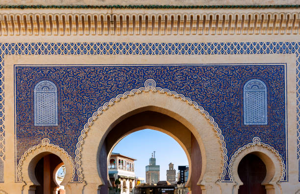 Bab Bou Jeloud, ornate city gate of Fes el Bali, the old city of Fez, Morocco Bab Bou Jeloud, ornate city gate of Fes el Bali, the old city of Fez, Morocco fez morocco stock pictures, royalty-free photos & images