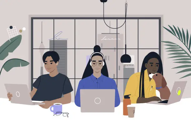 Vector illustration of International team of coworkers sharing a desk in the office, diverse millennials at work