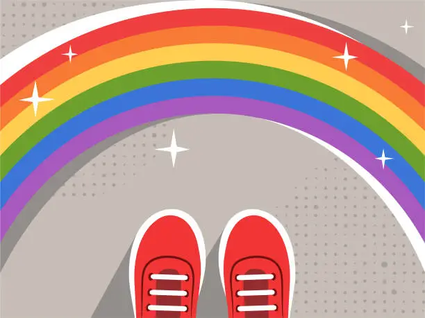Vector illustration of Feet in sneakers stand in front of the Rainbow Pride Flag