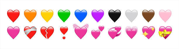 ilustraciones, imágenes clip art, dibujos animados e iconos de stock de iphone whatsapp heart emojis conjunto. chispeante, creciendo, dos corazones, latiendo, girando, roto, reparando, exclamación de corazón, rojo, naranja, amarillo, verde, azul, negro, emoji. facbook, twitter, samsung - color image emoticon behavior yellow