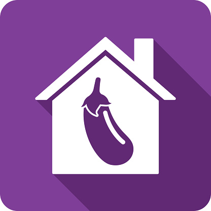 Vector illustration of a house with eggplant icon against a purple background in flat style.
