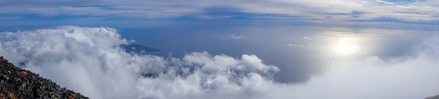 A panoramic view of the Atlantic Ocean from above the clouds on Mount Pico, Pico Island, Azores.