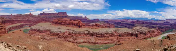 A panoramic view of the Colorado River cutting through Canyonlands National Park, Utah.