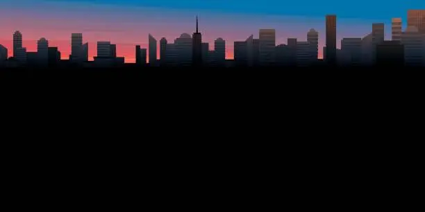 Vector illustration of Skyscrapers in sunset vector illustration have blank space. Buildings silhouette against the sky in sunset flat design.