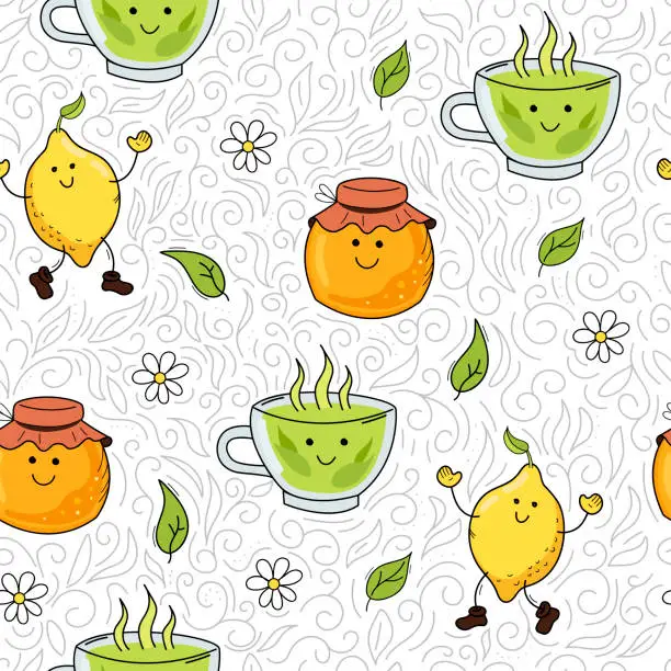 Vector illustration of Lemon, honey, green tea - cute doodle seamless pattern. Funny cartoon characters.