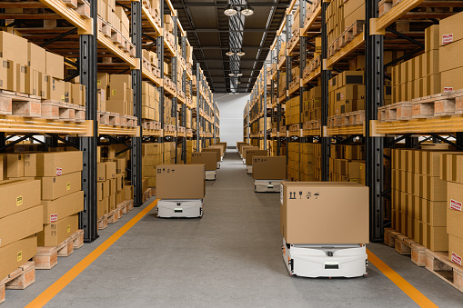Warehouse Interior With Automated Guided Vehicles Carrying Cardboard Boxes. 3D Rendering