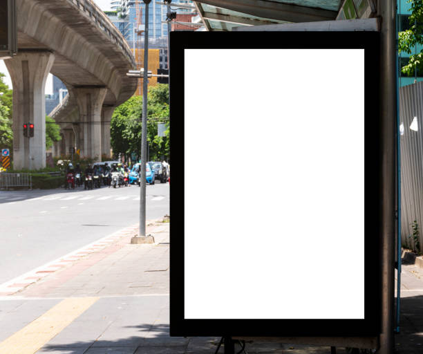 istock Outdoor billboard with mock up white screen on bus stop. clipping path for mockup 1486206378